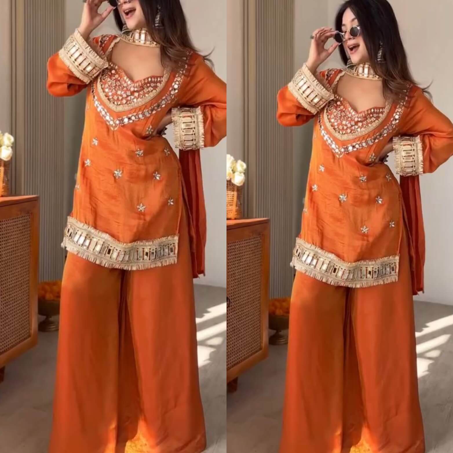 Orange mirror work kurta set